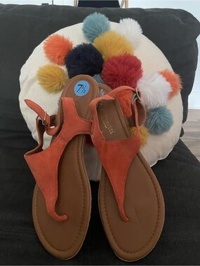 Women's Orange Suede T-Strap Sandals